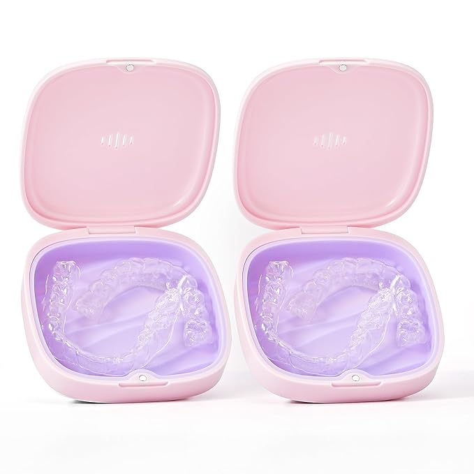 2 Pack Retainer Case Slim Aligner Case with Vent Holes Removable Inner Tray Silicone for Easy Cleaning (2Pack Pink Purple)