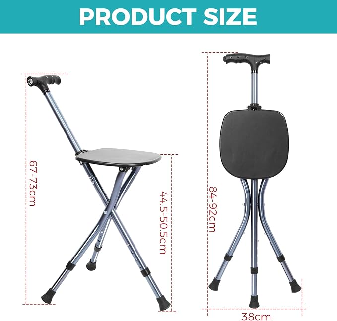 ENLUNTRA Portable Adjustable Folding Walking Cane with Seat ，Cane seat for Seniors with Magnetic Massage Handle, Supports up to 330 Pounds