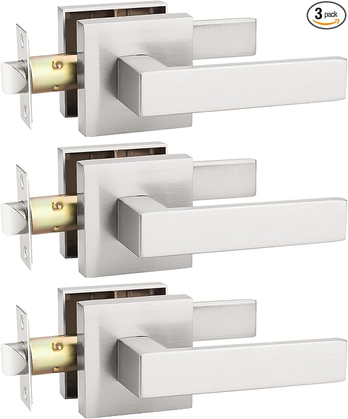 KNOBWELL 3 Pack Satin Nickel Interior Door Handle, Closet Doorknob Square Modern Handleset, Passage Lever Door Handle Knob for Indoor Use(No Lock)