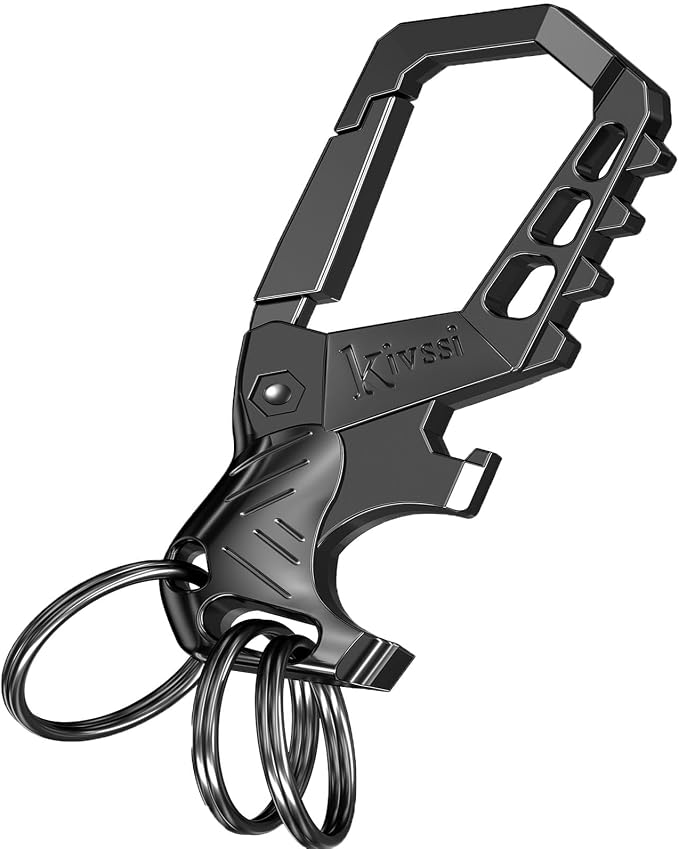 Kivssi Heavy duty metal keychains, Carabiner clip Car key chains,Fashion family keychain bottle opener and 3 Key Rings suitable for men and women.（Black-1pcs）