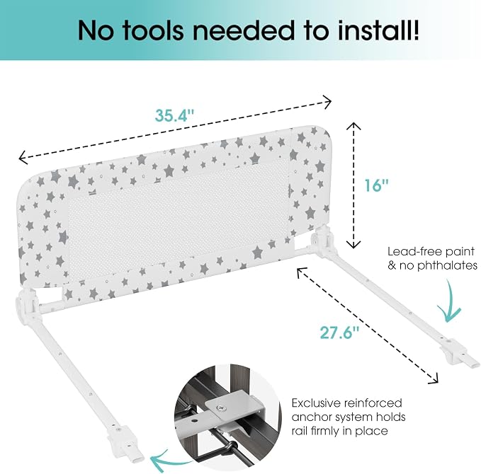 NUTIKAS Crib Rail Guard for Toddlers - 35.3" Toddler Bed Rails Convertible Safety Side Protector Swing Down Mesh Breathable Bed Barriers White Anchor Safety with Reinforced