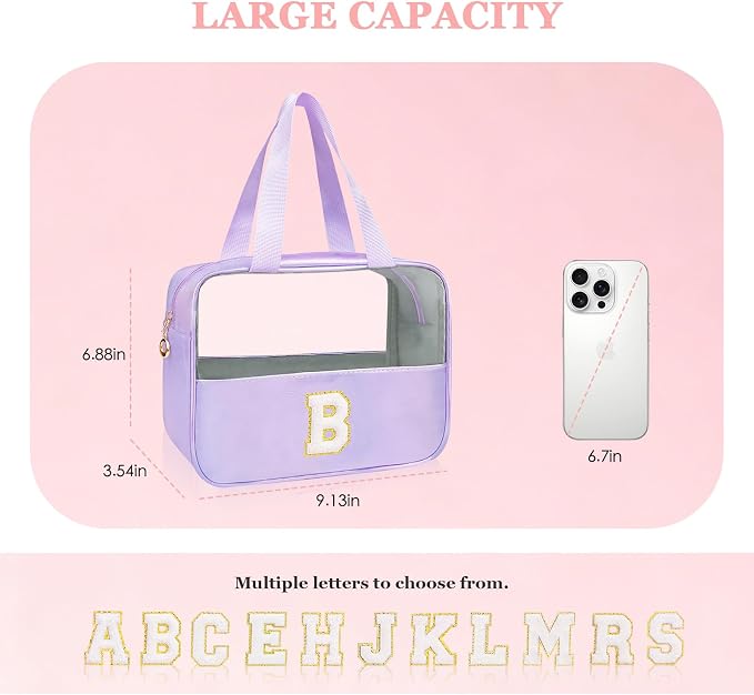 Personalized Initial B Clear Purple Makeup Bag - Large Travel Toiletry Bag, Cute Cosmetic Organizer Set for Girlfriend, Teacher, Teen Girl Gifts