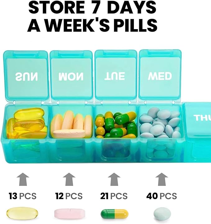 Sukuos Extra Large Weekly Pill Organizer, 7 Day Daily Pill Box Case Arthritis Friendly, Silkscreen Printed Medicine Container with Clear Lid for Vitamins, Fish Oils or Supplements (Cyan)