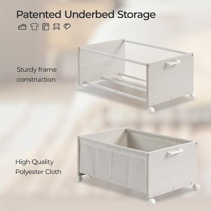 FOUCSSOMEI Under Bed Storage with Wheels, Wooden Under Bed Drawers On Wheels, Rolling Under Bed Shoe Storage, Space Saving,White,70L
