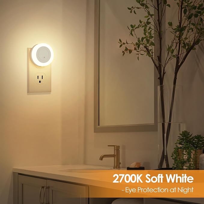 FOLKSMATE LED Night Lights Plug in, Dimmable Nightlight Plug Into Wall with Light Sensor, Soft White Adjustable for Adults, Bedroom, Bathroom, 4-Pack