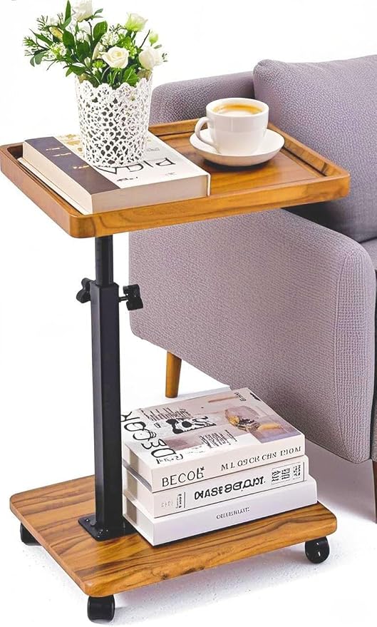 C Table End Table Adjustable Height,C Shaped End for Couch，Snack Tables,360°Swivel TV Tray Sofa Table,Tables that Slide Under,Coffee SideTable for Bed,Chair,Bath-tub (Original Wood Color)