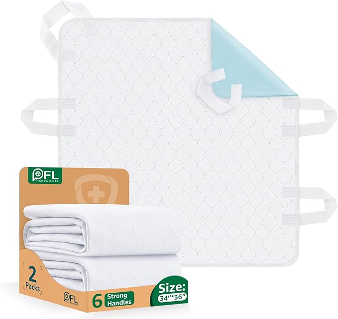 Incontinence Bed Pads Whasbable: 2Packs Waterproof Bed Pads for Elderly with 6 Handles, Reusable Bed Underpads, Positioning Bed Pads for Incontinence Adult, Bedwet,Kids,Bedridden,Hospitals, 34x36 Inch