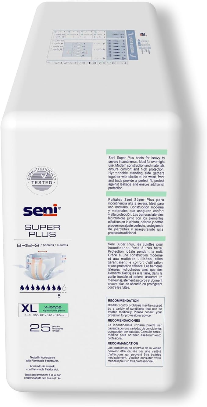 Seni Super Plus Unisex Adult Incontinence Briefs with tabs, Size XL (55"-67"), 75 Count (3 Packs of 25), Heavy to Severe Absorbency, Disposable Overnight Brief for Men & Women