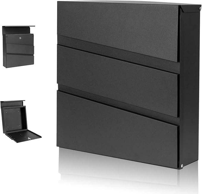 Wall-Mount Mailbox with Lock and Keys, Security Key Drop Box for House Outside, Locking Postbox, Steel Metal Rust-Proof Mail Box, 11.02 x 11.02 x 4.33 Inch, Black, MD002