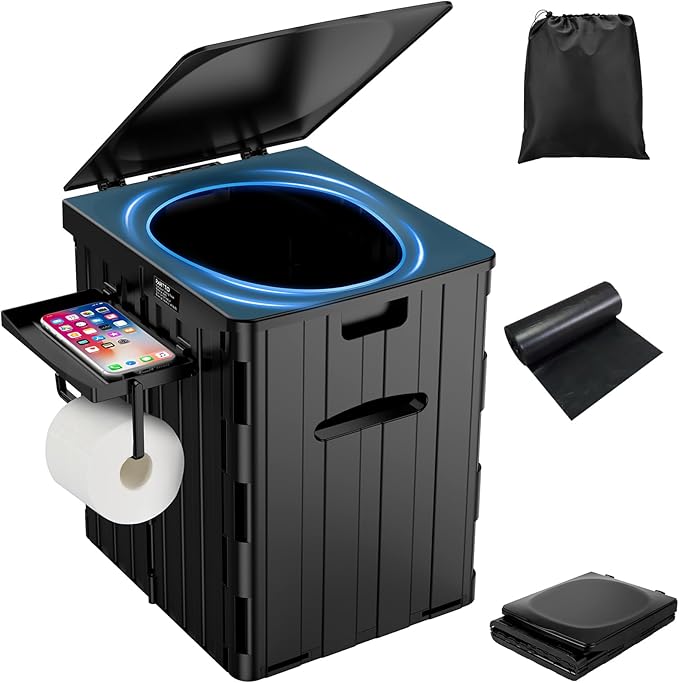 XL Portable Toilet for Adults, Extra Large 15.4"H Foldable Camping with Detachable Phone Shelf and Paper Holder, Waterproof Porta Potty Lid Camping, Hiking, Long Road Trips, Car