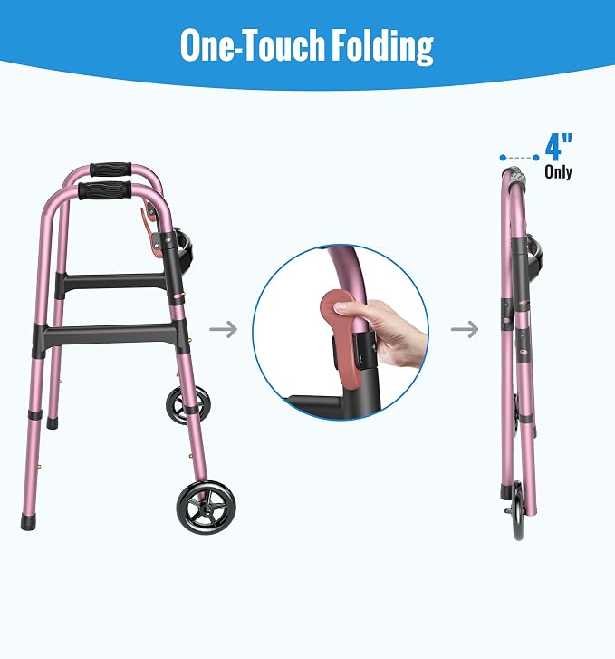 HOMLAND Standard Walkers for Seniors, 6.5lb Lightweight Foldable Walker | One-Hand Folding, 8 Height Adjustments, 350lb Capacity, Easy to Assemble, 2 Skis, 5" Wheels, Aluminum Frame, Rose Red