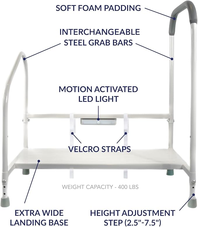 Step2Bed Bed Rails For Elderly with Adjustable Height Bed Step Stool & LED Light for Fall Prevention - Portable Medical Step Stool comes with Handicap Grab Bars making it easy to get in and out of bed