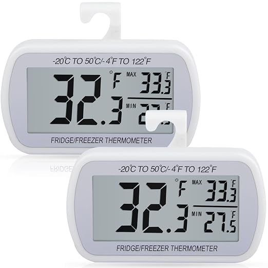 AEVETE 2 Pack Waterproof Digital Refrigerator Thermometer Large LCD, Freezer Room Thermometer with Magnetic Back, No Frills Easy to Read | Fridge freezer room thermometer with magnetic Back, no Frills easy to read
