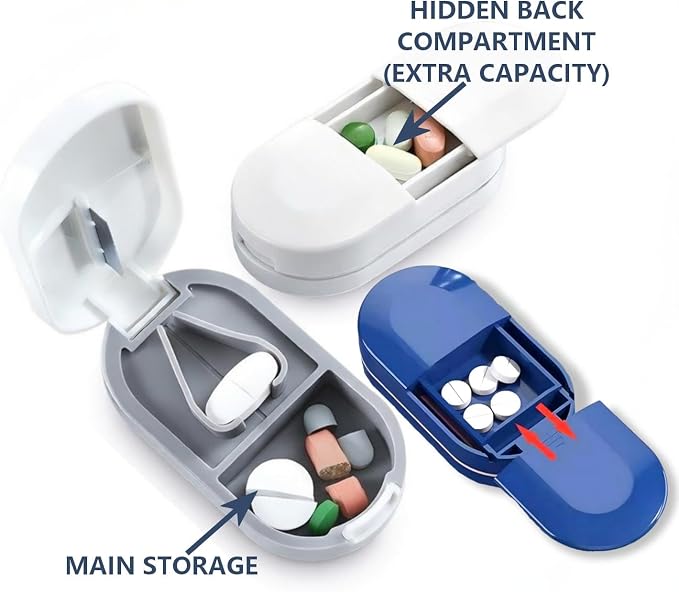 Pill Cutter, Precise 1/2 Pill Splitter for Small and Large Pills, Portable Medicine Divider with Storage Compartment, for Travel and Daily Use (Midnight Blue & Soft Pink)