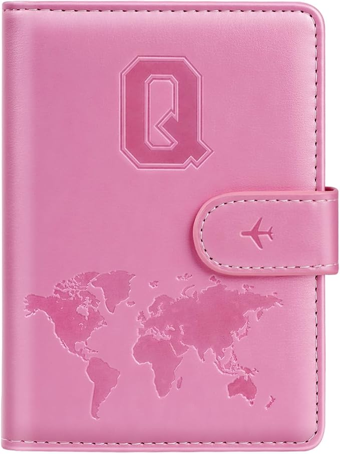 Passport Holder Cover Initial Letter A-Z Travel Wallet Personalized | Travel Essentials, Embossed Design, RFID Blocking, Personalized Gift, Passport Book Holders for Women and Girls, Pink-Q
