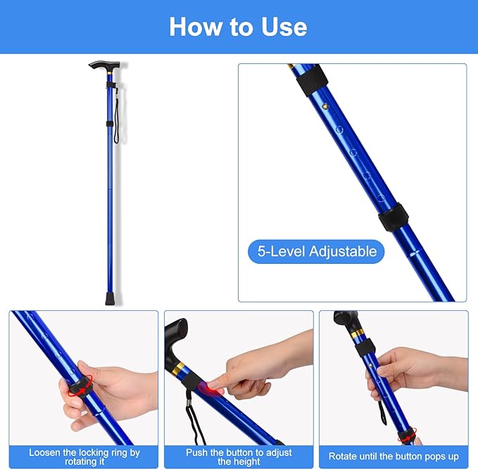 supregear Folding Cane, 5-Level Adjustable Height Walking Stick Lightweight Collapsible Portable Travel Cane with Wrist Strap and T Handle for Elderly Disabled Men Women