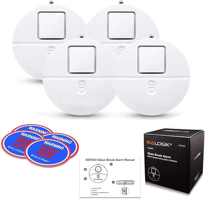 Window Alarm System 4-Pack - Ultra-Loud 120dB Alarms with Advanced Vibration Sensors - Window Security Alarms for Glass Break Detection - Features Low Battery LED Indicator