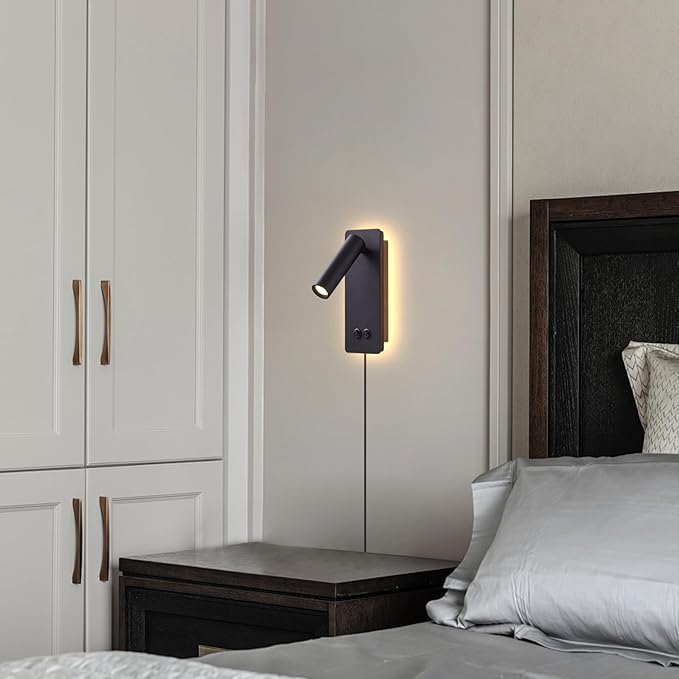 Wall Mounted Reading Light for Books in Bed, Bedside Wall Lamps with 3 Dimming, 350°Rotation Plug in Wall Sconce, Upgrade Headboard Bedside Lamp for Bedroom Living Room (Black)