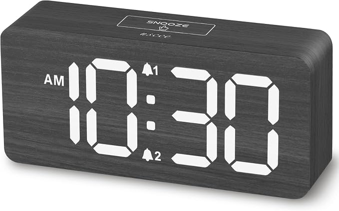 uscce Wooden Digital Alarm Clocks for Bedrooms with 0-100% Dimmable Display | Desk Clock with Large Numbers for Living Room - Loud Dual Alarm for Heavy Sleepers with Volume Control - Wood Decor & Gifts