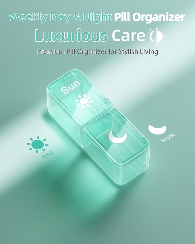 Betife AM PM Pill Organizer 7 Day, Weekly Pill Organizer 2 Times a Day, Daily Pill Box AM PM, Portable Travel Medicine Case, Day and Night Pill Container for Medication, Vitamin or Supplement（GN）