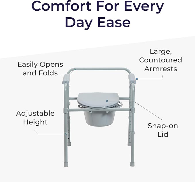 Drive Medical Folding Steel Bedside Commode Chair - Portable 3-in-1 Toilet Solution - Adjustable Height - 7.5 Qt Bucket Included - Durable Powder-Coated Steel Frame - Supports up to 350 Lb