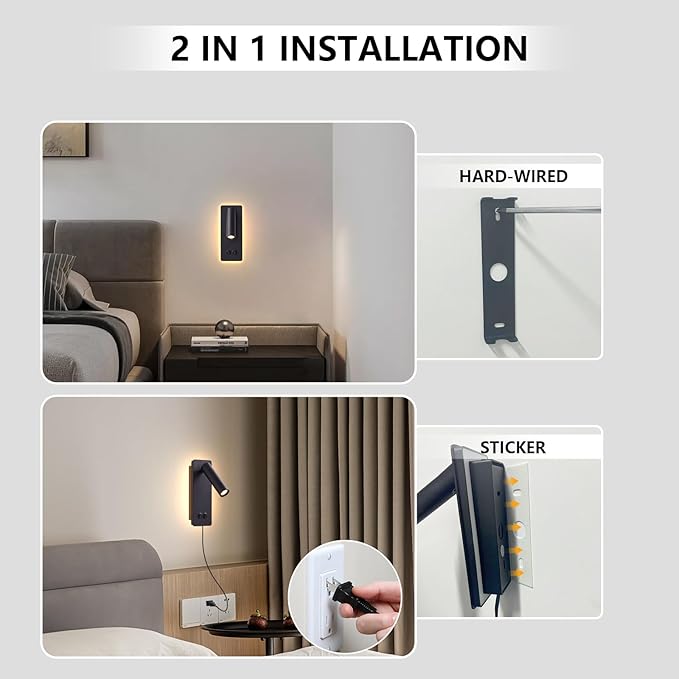 Wall Mounted Reading Light Set of 2, LED Headboard Reading Lamp with 3 Dimming，Bedside Wall Lamps with Plug in Cord, 350° Rotation Sconces Wall Lighting, 3W Spotlight+6W Backlight (Black)