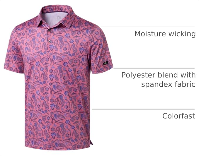 Obla Mens Golf Polo Shirts Short Sleeve Dry Fit Performance Moisture Wicking Casual Print Collared Golf Shirts for Men