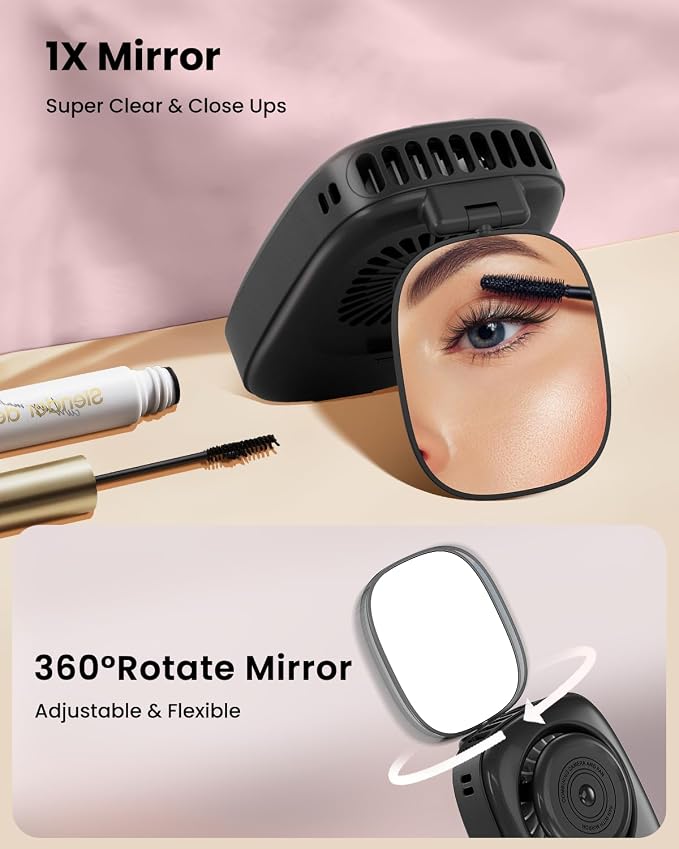 Gaiatop Mini Neck Fan, LED Makeup Mirror, Power Display Portable Fan Black | 3 Speeds, 360° Rotate Mirror for Handheld Desk Use, Rechargeable Small USB Fan, Personal Cooling Travel Essentials Women Gift
