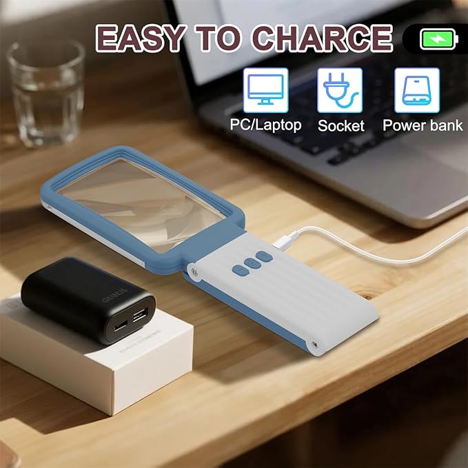 10X Magnifying Glass with Light and Stand, Real Glass Lens, Rechargeable Foldable Handheld Magnifier, 3 Color Modes Dimmable Lighted Page Magnifier for Reading Fine Prints, Seniors - Blue White