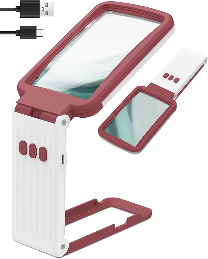 15X Magnifying Glass with Light and Stand, Rechargeable Folding Handheld Real Glass Magnifier, 3 Color Modes Dimmable Lighted Page Magnifying Sheet for Seniors Low Vision Small Prints - Red White