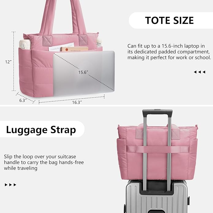 Puffer Tote Bag for Women Quilted Nurse Bag Lightweight Work Bag for Teacher Travel Handbag with Multiple Pockets