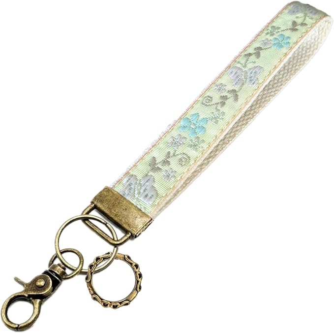 Boho Vintage Embroidered Floral plant Wristlet Keychain for Women | Cute Lanyard&Antique Brass Clasp, Lightweight Hands-Free Key Holder for keys,purses,handbags and daily outdoor use for ladies