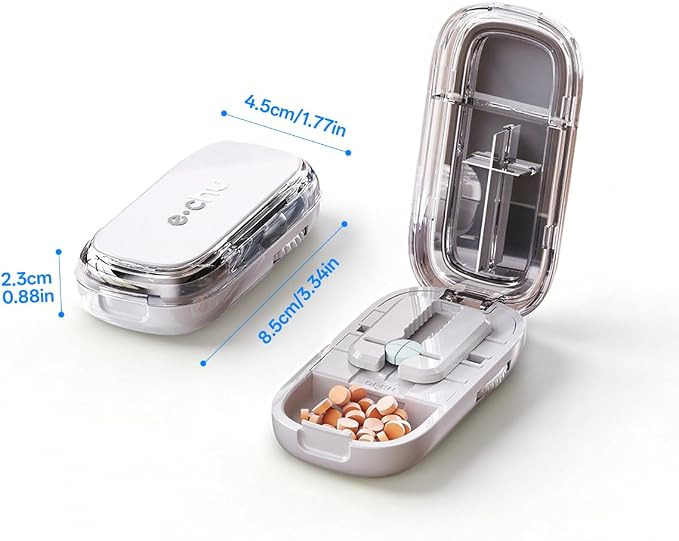 Pill Cutter Splitter for Small and Tiny Large Pills,Adjustable Pill Splitter Push-Button Cuts into 1/2, 1/3, 1/4，Comes with a Small Brush and a Medicine Storage Box (Grey, 1/4)