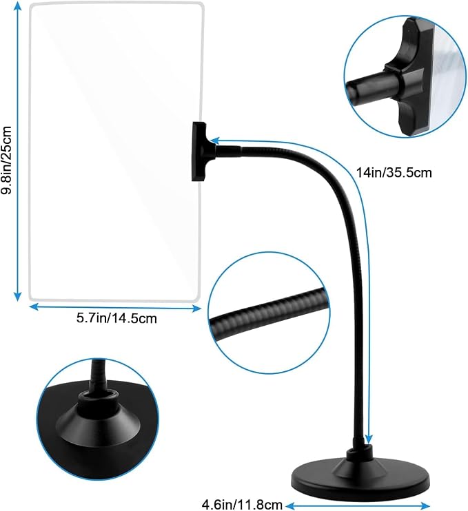 Magnifying Glass with Stand, 10" x 6" Large Page Magnifier, Flexible Gooseneck for Reading Small Print, Low Vision Aid for Seniors