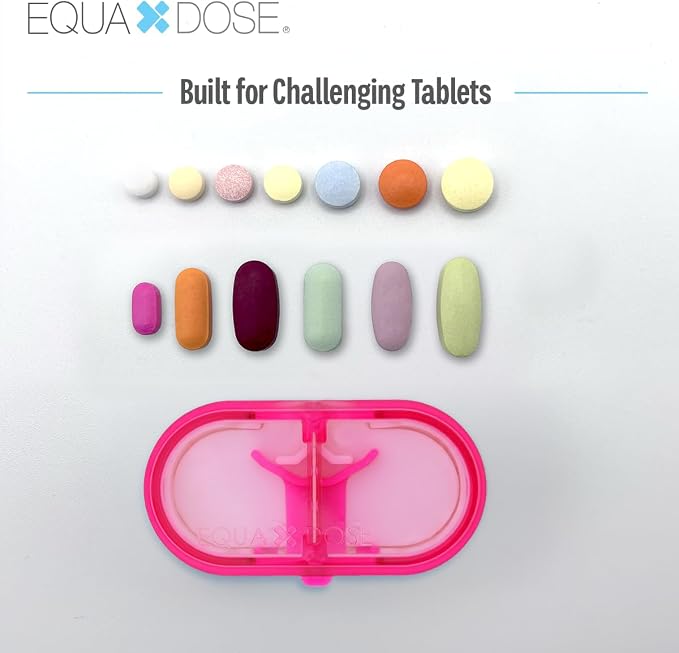 EQUADOSE Precision Pill Splitter with Centering Guide, Dual Stainless-Steel Blades for Small & Large Tablets, Accurate Halves & Quarters for Medication, Vitamins and Pet Pills, Pink