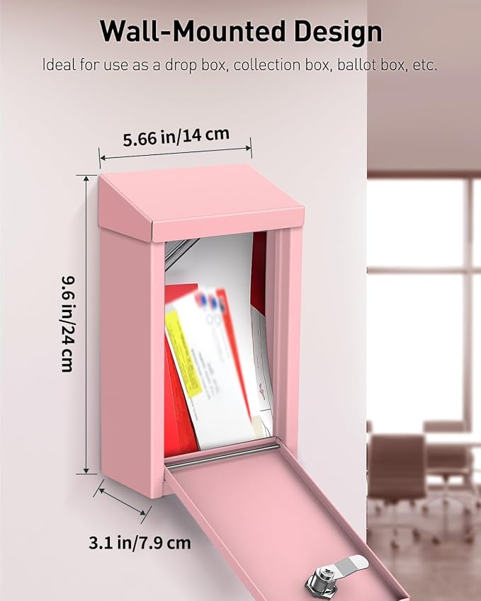 Uniclife Pink Metal Donation Box, Wall Mounted Mailbox for Outside | Safe Suggestion Box with Key Lock, Steel Key Drop Box for Outside, Cash Box for Home Office and Business