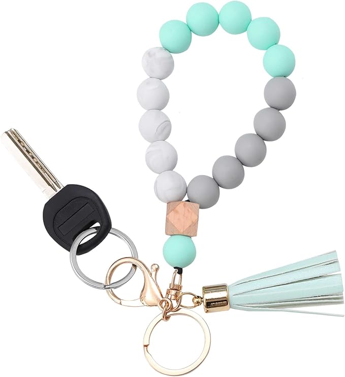BAOSIWA Silicone Key Ring Bracelet Wristlet Keychain Unique Beaded Bangle Key Chains for Women with Leather Tassel