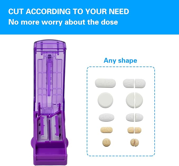 Multiple Pill Cutter for Small or Tiny Pills, Adjustable Pill Splitter for Large Pills Multi Tablets, Stainless Steel Cutting Blade and Blade Guard (Purple)