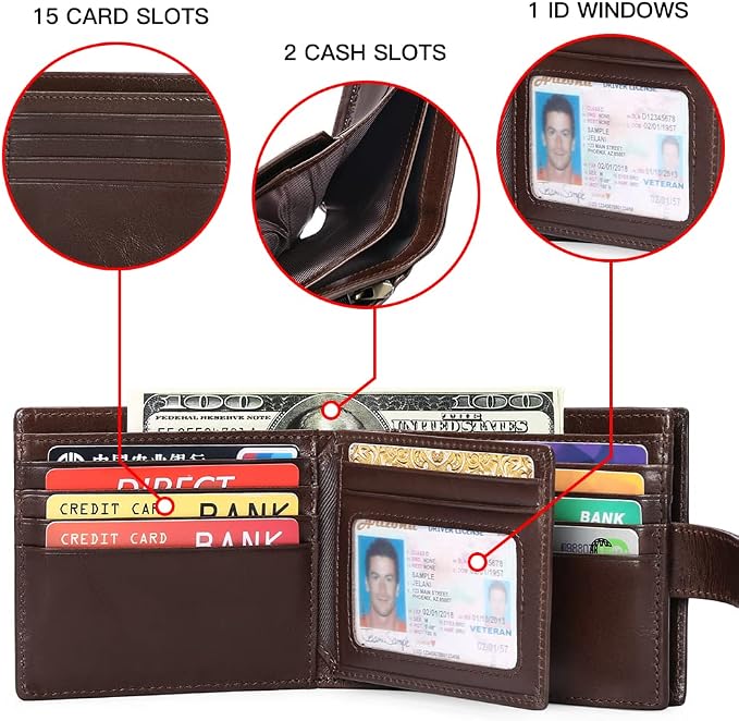 GOIACII Mens Wallet Large Capacity Genuine Leather RFID Blocking Bifold Wallets for Men with ID Window and 15 Card Slots