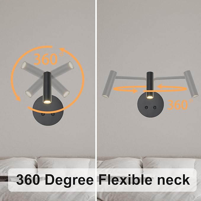 Matte Black Wall Mounted Reading Light, 4000K Flexible Headboard Reading Sconces with On Off Switch Control, Plug in/Hardwired Wall Light Fixtures with Night Light for Bedside Bedroom Bunk