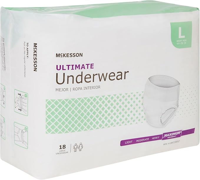 McKesson Ultimate Adult Incontinence Underwear, [18 Count], Large, 44-58 in. Maximum Absorbency, Unisex Bladder Leak Protection, Pull-On Style with Tear-Away Sides, Postpartum and Incontinence