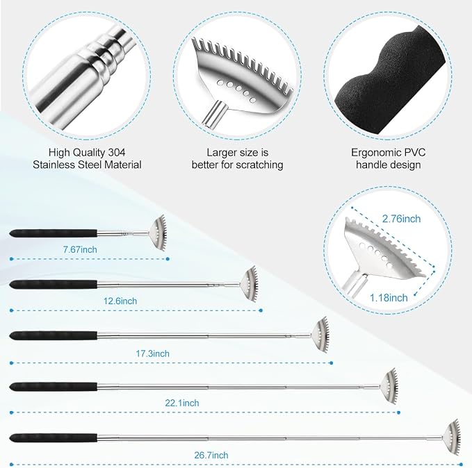 3pcs Upgraded Back Scratcher Massager, Telescoping Back Massage Stocking Stuffers for Men in a box with Eagle Claw, 9-teeth Rake Claw and 15-teeth Rake Claw, Rubber Handle, White Elephant Gifts