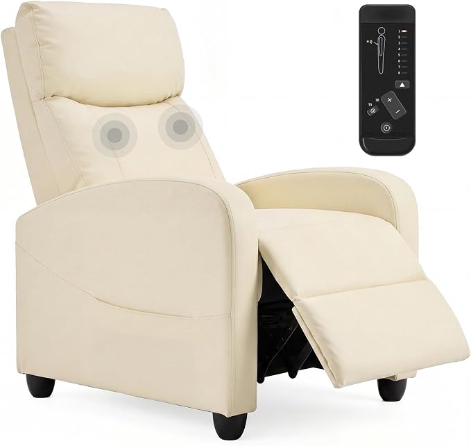 Massage Recliner Chair, Recliner Sofa Fabric for Adults, Recliners Home Theater Seating with Lumbar Support, Reclining Sofa Chair for Living Room, Cream