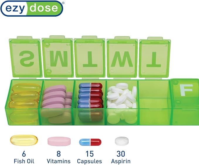 EZY DOSE Weekly (7-Day) Pill Case, Medicine Planner, Vitamin Organizer Box, Convenient and Easy to Use, X-Large Compartments, Travel Friendly, Green, BPA Free