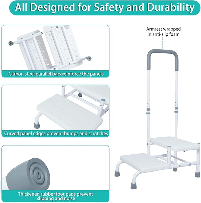 2 Step Stool with Handle for Elderly, Bed Steps for High Beds for Adults, Non Slip Platform and Adjustable Handrail, for Kitchen Bathroom RV Bathtub, Assist Rail for Elderly, Seniors, Hold up to350LBS