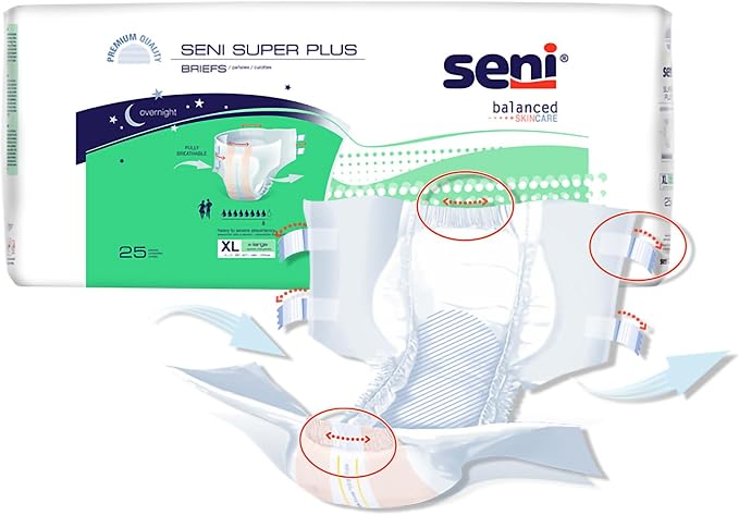Seni Super Plus Unisex Adult Incontinence Briefs with tabs, Size XL (55"-67"), 75 Count (3 Packs of 25), Heavy to Severe Absorbency, Disposable Overnight Brief for Men & Women