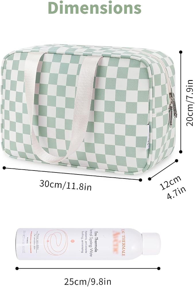 Narwey Large Capacity Travel Toiletry Bag Women, Checkered Makeup Bag with Handle, Portable Make up Cosmetic bag Organizer, Travel Bag for Toiletries, Skincare, Medicine, Essentials (Green Checker)