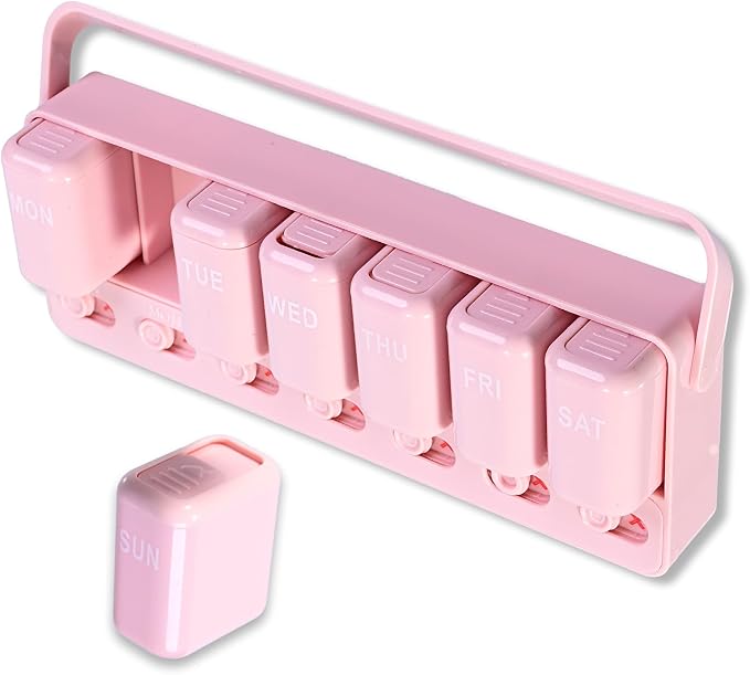 Weekly Pill Organizer with Taken/Untaken Tracker, 7 Day Daily Pill Box for Vitamins Medication Supplements, Large Compartments, Easy Open Leak-Proof Portable Travel Pill Container, BPA Free,Pink