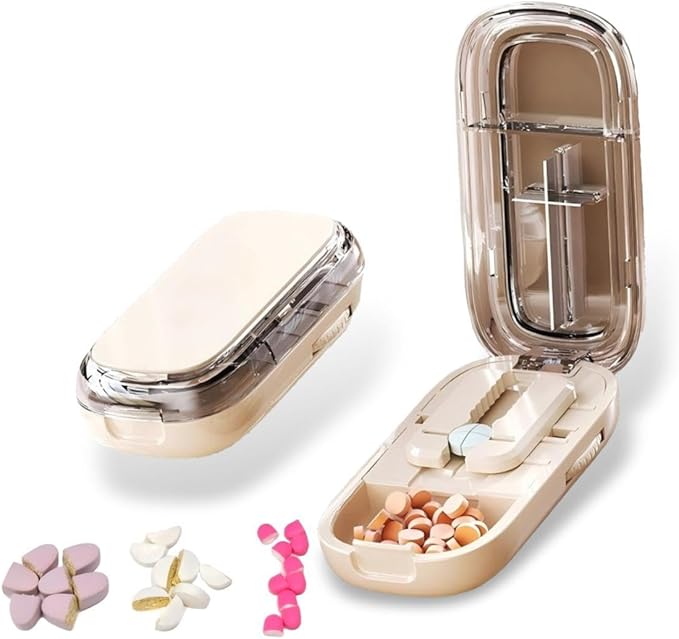 Pill Cutter,Precisely Split Small or Large Pills and Vitamins of Various Shapes with a Safe, Self-Retracting Blade (Khaki 1/2，1/4)