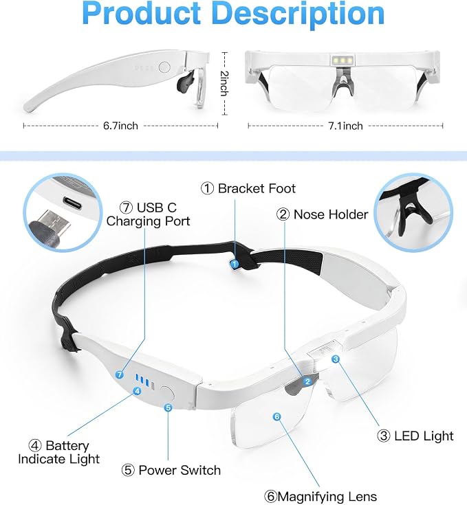MoKo Magnifying Glasses with Light, 1X-4X Magnifier Headset, White | Hands-free headband magnifier includes 5 detachable lenses, adjustable LEDs and USB-C charging.